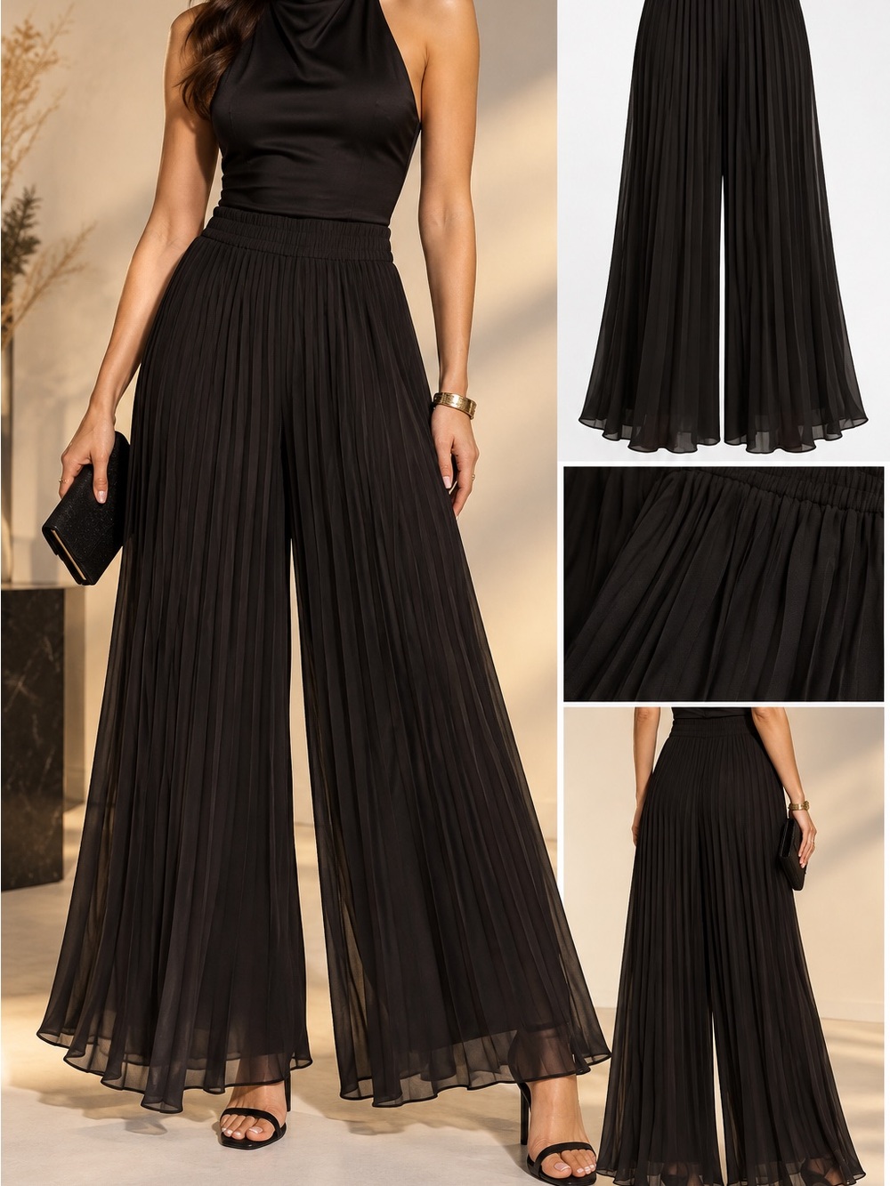 High-Waist Pleated Wide-Leg Pants — Black